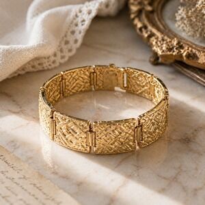 Vintage Anson Gold Tone Panel Link Bracelet Textured Geometric Mid Century OS